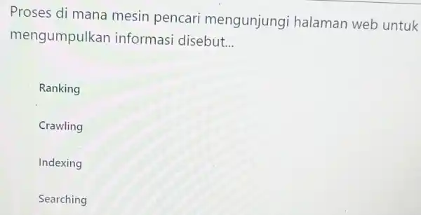 Proses di mana mesin pencari mengunjungi halaman web untuk mengumpu Ikan informasi disebut __ Ranking Crawling Indexing Searching