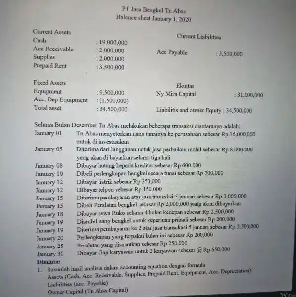 PT Jasa Bengkel Tn Abas Balance sheet January 1, 2020 Acc. Dep Equipment : (1,500,000) Total asset :34.500,000 Liabilitis and owner Equity : 34