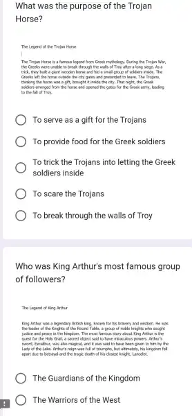 What was the purpose of the Trojan Horse? The Legend of the Trojan Horse The Trojan Horse is a famous legend from Greek mythology