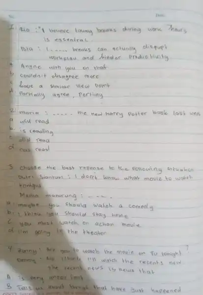 Qio believe during work hours breaks can actually discupt hindor productivity 9. more masia: 3 choose the best reposite to the following tituakes Putri