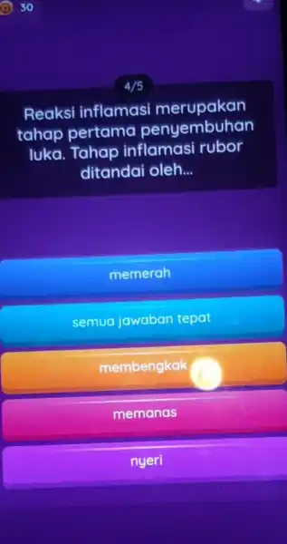 Reaksi inflamasi merupakan tahap pertama penyembuhan luka. Tahap inflamasi rubor ditandai oleh... memerah semua jawaban tepat membengkak memanas nyeri