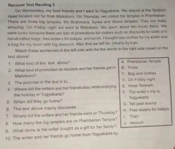 Recount Reading On Wednesday, my best friends and I went to Yogyakarta. We stayed at the Tentrem Hotel located not far from Malioboro. On