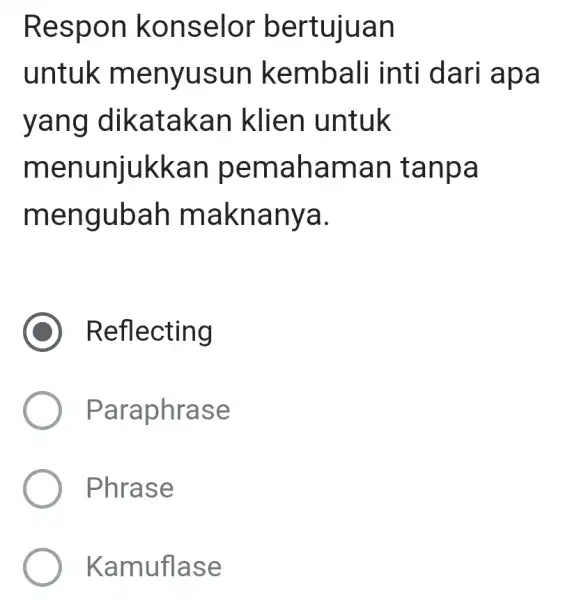 Respo n kon selor bertujua n untuk men yusun ke mba ari apa yang dik atak an klle n untuk menunjukk an pem ahama