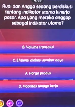 Rudi dan Angga sedang berdiskusi tentang Indikator utomo kinerjo posor. Apo yong mereka engge sebagai indikator utama? B. Volume tronsoksi C. Efisiensi alokosi sumber