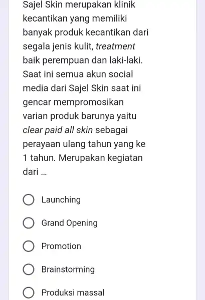 Sajel Skin merupakan klinik kecantikan yang memiliki banyak produk kecantikan dari segala jenis kulit,treatment baik perempuan dan laki-laki. Saat ini semua akun social media