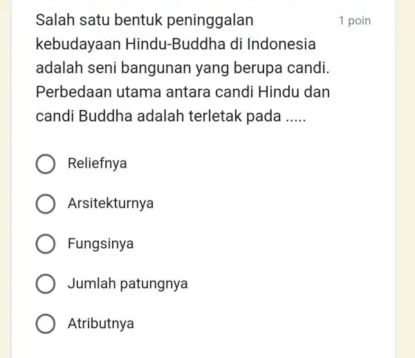 Salah satu bentuk peninggalan kebudayaan Hindu-Buddha di Indonesia adalah seni bangunan yang berupa candi. Perbedaan utama antara candi Hindu dan candi Buddha adalah terletak