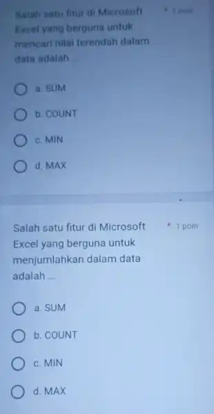 Salah satu fitur di Microsoft Excel yang berguna untuk mencari nilai terendah dalam data adalah __ a. SUM b. COUNT c. MIN d. MAX