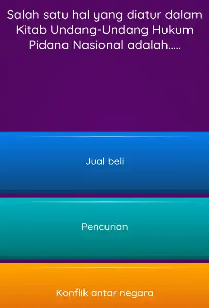 Salah satu hal yang diatur dalam Kitab Undang-Undang Hukum Pidana Nasional adalah __ Jual beli Pencurian Konflik antar negara