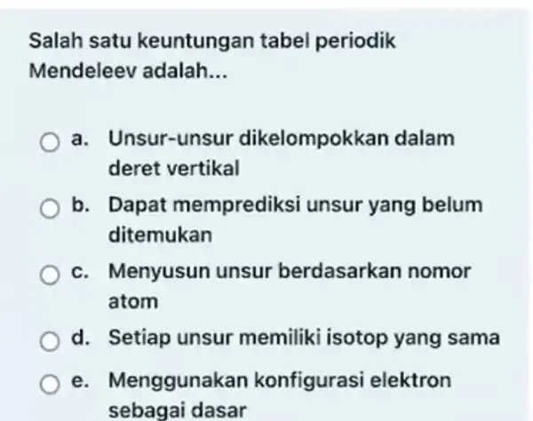 Salah satu keuntungan tabel periodik Mendeleev adalah __ a. Unsur-unsur dikelompokkan dalam deret vertikal b. Dapat memprediksi unsur yang belum ditemukan c. Menyusun unsur