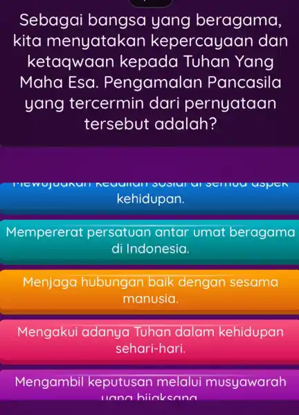 Sebagai bangsa yang beragama, kita menyatako in kepercay laan dan ketaqwa an kepada Tuhan Yang Maha Esa . Pengamalan Pancasila yang tercermin dari pernyataan