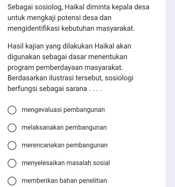 Sebagai sosiolog , Haikal diminta kepala desa untuk mengkaji potensi desa dan mengidentifikasi kebutuhan masyarakat. Hasil kajian yang dilakukan Haikal akan digunakan sebagai dasar