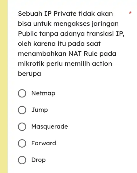 Sebuah IP Private tidak akan bisa untuk mengaks es jaringan Public tanpa adanya translasi IP, oleh karena itu pada saat menar nbahkan NAT Rule