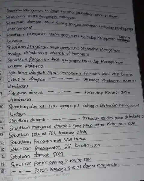 Sebutkan dampak posisi silang bangsa Indonesia terhadap perdagangar Internasional Sebutlcan pengaruh letak ge agrafis terhadap Keragaman burdanger . ebutkan Pengoruh letak geografis terhadap Keragaman