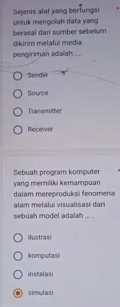 Sejenis alat yang berfungsi untuk mengolah data yang berasal dari sumber sebelum dikirim melalui media pengiriman adalah __ -Sender Source Transmitter Receiver Sebuah program