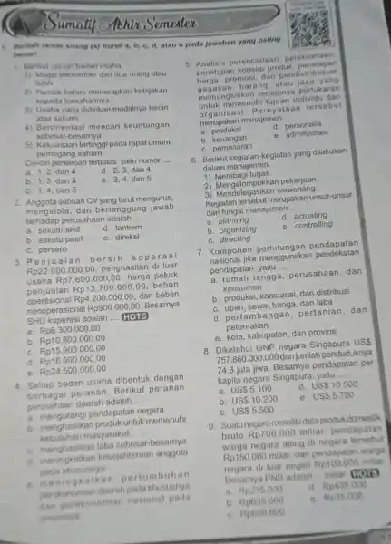 Semester Beriah tanda silang (i)huruf a, b, c d, atau e pada jawaban yang paling benart 1. Berkut ciri-ciri badan usaha 1) Modal bersumber