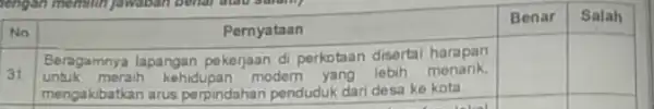 sengan meminih jawaban benar No Pernyataan Benar Salah 31 Beragamnya lapangan pekerjaan di perkotaan disertal harapan square square untuk meraih kehidupan modern yang lebih