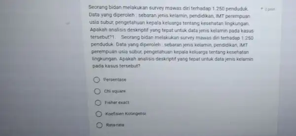 Seorang bidan melakukan survey mawas diri terhadap 1250 penduduk Data yang diperoleh : sebaran jenis kelamin, pendidikan, IMT perempuan usia subur, pengetahuan kepala keluarga