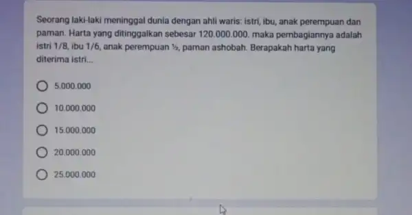 Seorang laki-laki meninggal dunia dengan ahli waris: istri, ibu anak perempuan dan paman. Harta yang ditinggalkan sebesar 120 .000.000. maka pembagiannya adalah istri 1/8