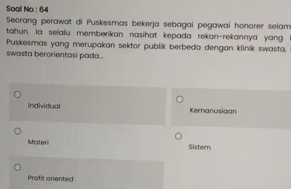 Seorang perawat di Puskesmas bekerja sebagai pegawai honorer selam tahun. Ia selalu memberikan nasihat kepada rekan-rekannya yang Puskesmas yang merupakan sektor publik berbeda dengan