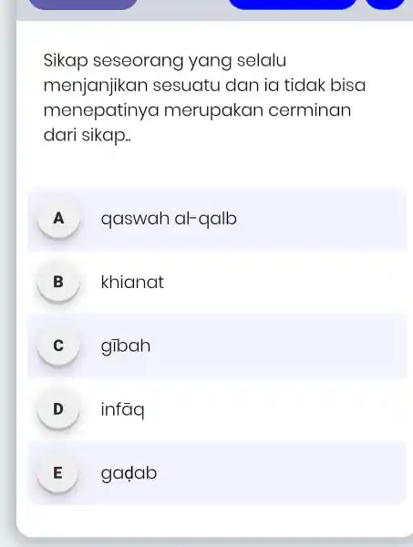 Sikap seseorang yang selalu menjanjikan sesuatu dan ia tidak bisa menepatiny a merupakar I cerminan dari sikap.. A disappointed gaswah al-qalb B khianat C