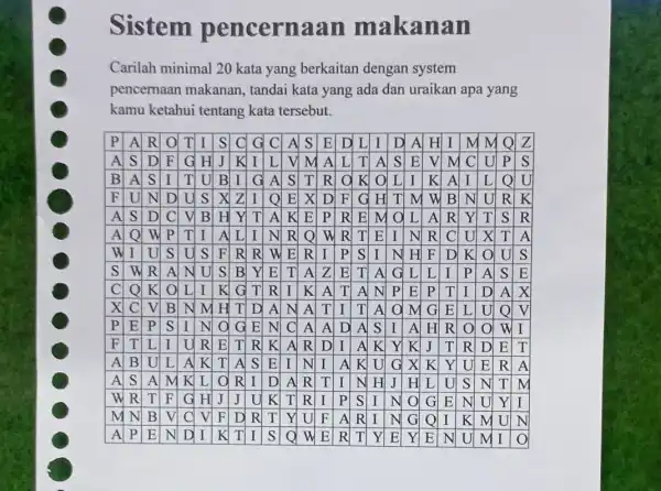 Sistem pencern makanan Carilah minimal 20 kata yang berkaitan dengan system pencernaan makanan , tandai kata yang ada dan uraikan apa yang kamu ketahui