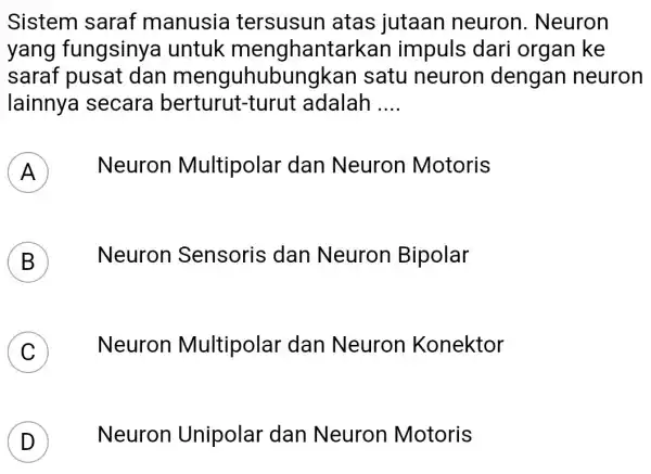 Sistem saraf manusia tersusun atas jutaan neuron . Neuron yang fungsiny a untuk menghantar kan impuls dari organ ke saraf pusat dan menguhubungkan satu