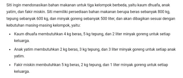 Siti ingin mendonasikan bahan makanan untuk tiga kelompok berbeda , yaitu kaum dhuafa , anak yatim, dan fakir miskin Siti memiliki persediaan bahan makanan