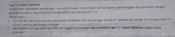 Soal 3: Analisis Genetika Dalam suatu percobaan persilangan seorang Ilmuwan menemukan bahwa ketiku menyilangkan dua tanaman dengan genotipe tertentu, keturunannya menghasilkan rasio fenotip 9:3:3:1