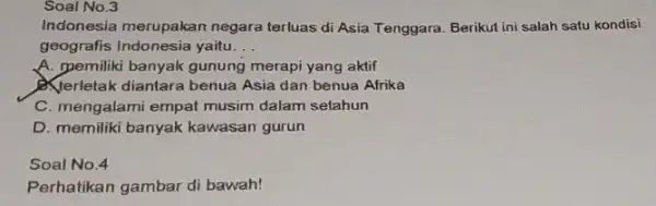 Soal No.3 Indonesia merupakan negara terluas di Asia Tenggara Berikut ini salah satu kondisi geografis Indonesia yaitu __ A. pemiliki banyak gunung merapi yang