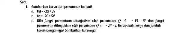 soall 1. Gambarkan kurva dari persamaan berikut! a Pd=-2Q+35 b. Qs=-20+5p c. Bila fungsi permintaan ditunjukkan oleh persamaan Qd=14-5p dan fungsi penawaran ditunjukkan oleh