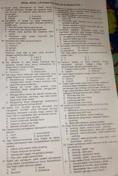 SOAL-SOAL LATIHAN IP A KEL AS 8 SE MESTE R1 43.Kunyit yang ditambahkan ke dalam bahan makanan berfungsi sebagai zat pewarna pada nasi kuning,