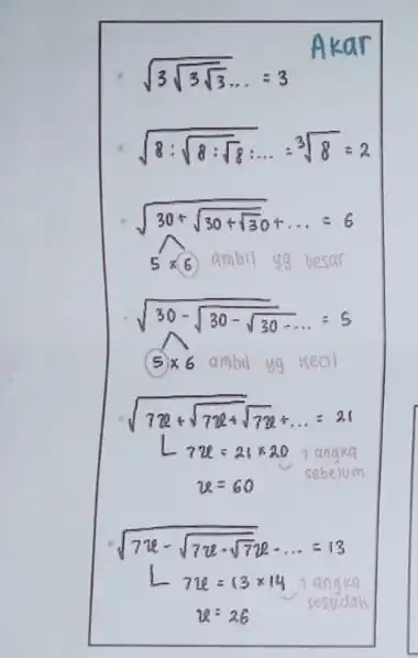 sqrt (3sqrt (3sqrt {3))}ldots =3 Akar sqrt (8:sqrt (8):sqrt (8)):ldots =sqrt [3](8)=2 sqrt (30+sqrt (30+sqrt {3))}+ldots =6 5times 6 ) ambil gg besar sqrt