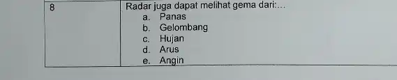 square 8 Radar juga dapat melihat gema dari: __ a. Panas b. Gelombang c. Hujan d. Arus e. Angin