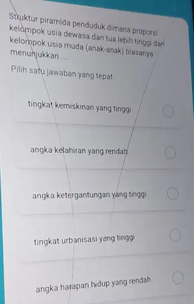 Stkuktur piramida penduduk dimana proporsi kelampok usia dewasa dan tua lebih tinggi dari kelompok usia muda (anak-anak) biasanya menunjukkan __ Pilih satu jawaban yang