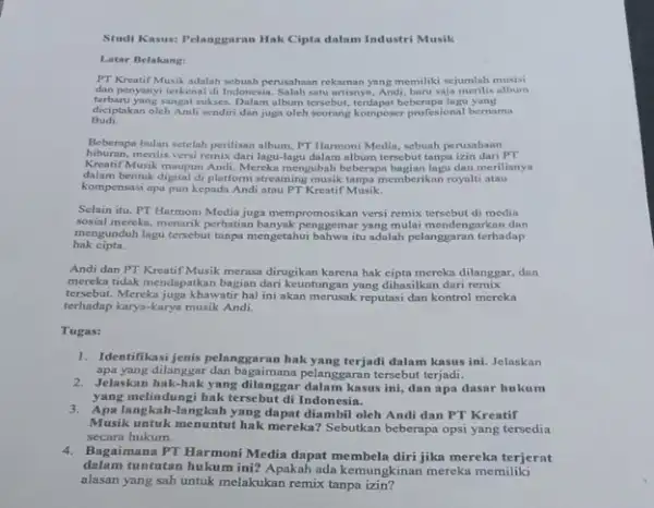 Studi Kasus: Pelanggaran Hak Cipta dalam Industri Musik Latar Belakang: PT Kreatif Musik adalah sebuah perusahaan rekaman yang memilik sejumlah musisi dan penyanyi terkenal