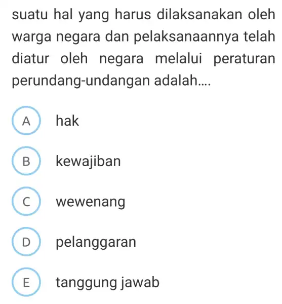 suatu ha I yang harus dilaksana kan oleh warga negara dan pelak sanaa nnya telah diatur oleh neg ara melalui peraturan perundang-undan gan adalah