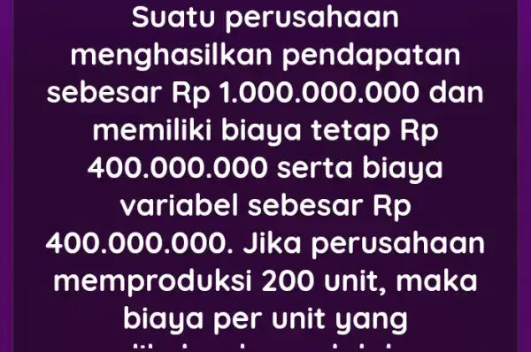 Suatu p erus ghag n meng hasil kan be ndap atan sebe sar Rp 1.000 .000.000 dan memili ki biaya t etgp Rp 400.000.000