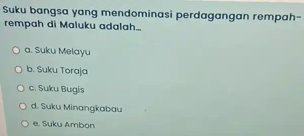 Suku bangsa yang mendomir asi perdagang yan rempah- rempah di Maluku adalah __ a. Suku Melayu b. Suku Toraja c. Suku Bugis d. Suku