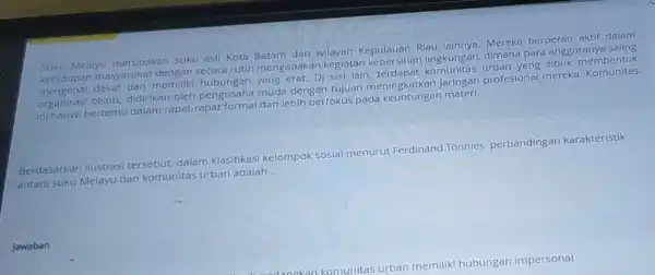 Suku Melayu merupakan suku asli Kota Batam dan wilayah Kepulauan Riau lainnya. Mereka berperan aktif dalam kehidupan masyarakal dengan secara rutin mengadakan keglatan lingkungan,