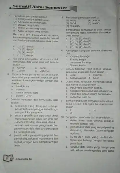 Sumatif Akhir Semester 1. Perhatikan pernyataan berikut (1) Konligurasi yang tidak aman. (2) Komputer tersambar petir. (3) Desain yang buruk (4) Implementasi yang buruk