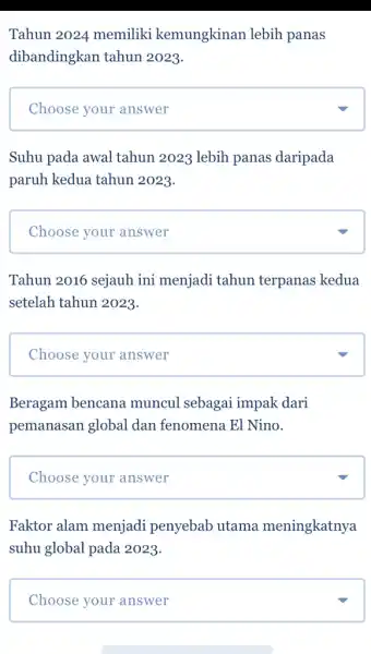 Tahun 2024 memiliki kemungkinan lebih panas dibandingkan tahun 2023. square & postcode Suhu pada awal tahun 2023 lebih panas daripada paruh kedua tahun 2023.