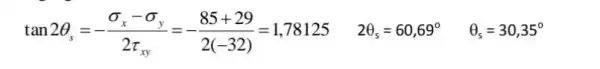 tan2Theta _(s)=-(sigma _(x)-sigma _(y))/(2sigma _(xy))=-(85+29)/(2(-32))=1,78125 2Theta _(s)=60,69^circ Theta _(s)=30,35^circ