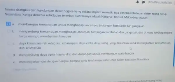 Tannas diangkat dan kandungan dasar negara yang secara implicit memiliki tiga dimensi kehidupan dalam ruang hidup Nusantara. Ketiga dimensi kehidupan tersebut diantaranya adalah National