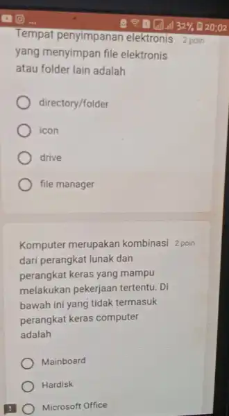 Tempat penyimpanan elektronis 2 poin yang menyimpan file elektronis atau folder lain adalah directory/folder icon drive file manager Komputer merupakan kombinasi 2 poin dari