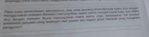 __ terganggu pada MALL belly ? Bagaimana urine unskan Benedict menunjukkan reaksi warna merah bata, dan diuji dengan indikator Biuret menunjukkan reaksi warna ungu