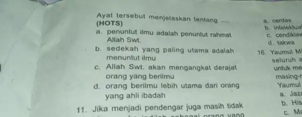 tersebut menjelaskan tentang __ (HOTS) a. penuntut ilmu adalah penuntut rahmat Allah Swt. b. sedekah yang paling utama adalah menuntut ilmu c. Allah Swt.