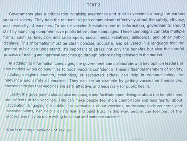 TEXT 2 Governments play a critical role in raising awareness and trust in vaccines among the various strata of society. They hold the responsibility