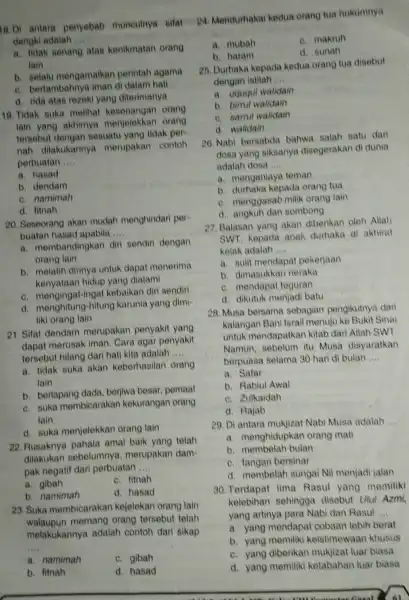 a. tidak senang atas kenikmatan orang lain b. Belalu mengamalkan perintah agama e. bertambahnya iman di dalam hati d. rida atas rezoki yang diterimanya