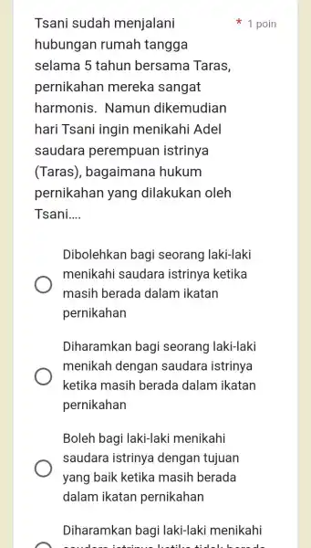 Tsani sudah menjalani hubungan rumah tangga selama 5 tahun bersama Taras, pernikahan mereka sangat harmonis . Namun dikemudian hari Tsani ingin menikahi Adel saudara