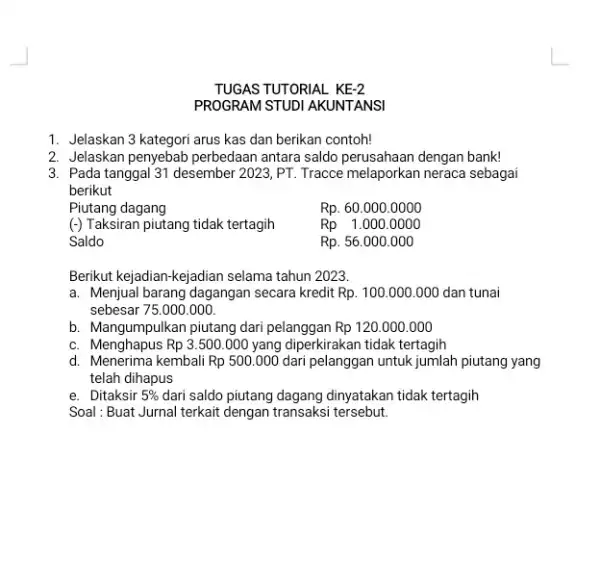 TUGAS TUTORIAL KE-2 PROGRAM STUDI AKUNTANSI 1. Jelaskan 3 kategori arus kas dan berikan contoh! 2. Jelaskan penyebab perbedaan antara saldo perusahaan dengan bank!